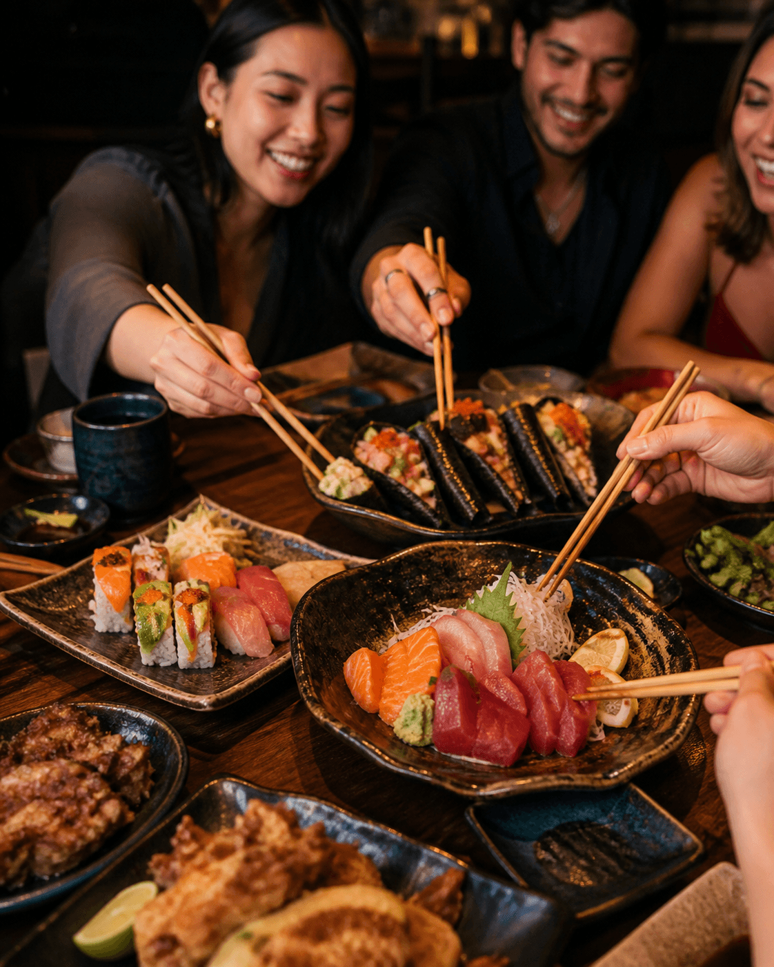 Amigos dividindo sushi e sashimi à mesa de um restaurante japonês