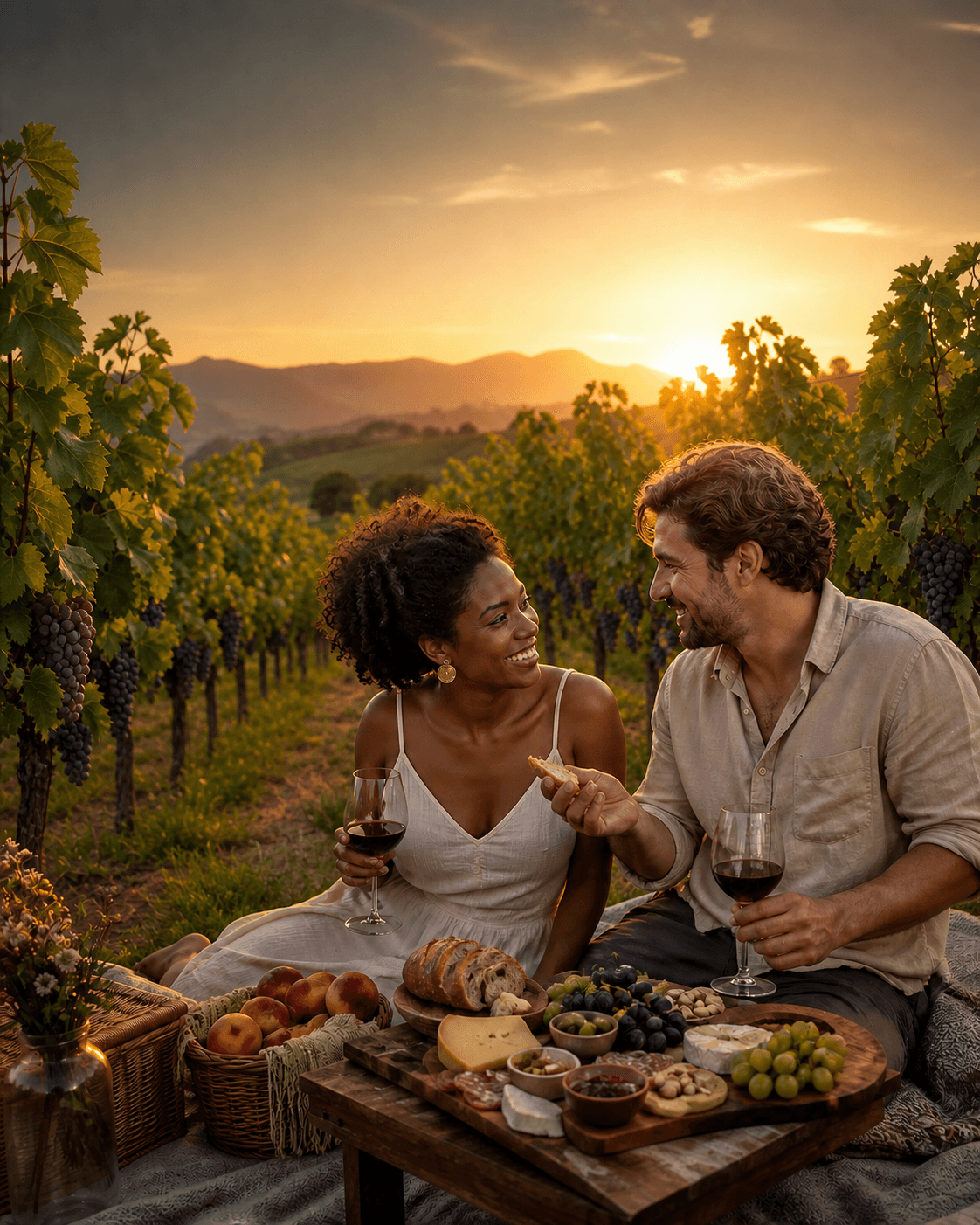 Casal sorrindo num piquenique ao pôr do sol, entre as parreiras de uma vinícola