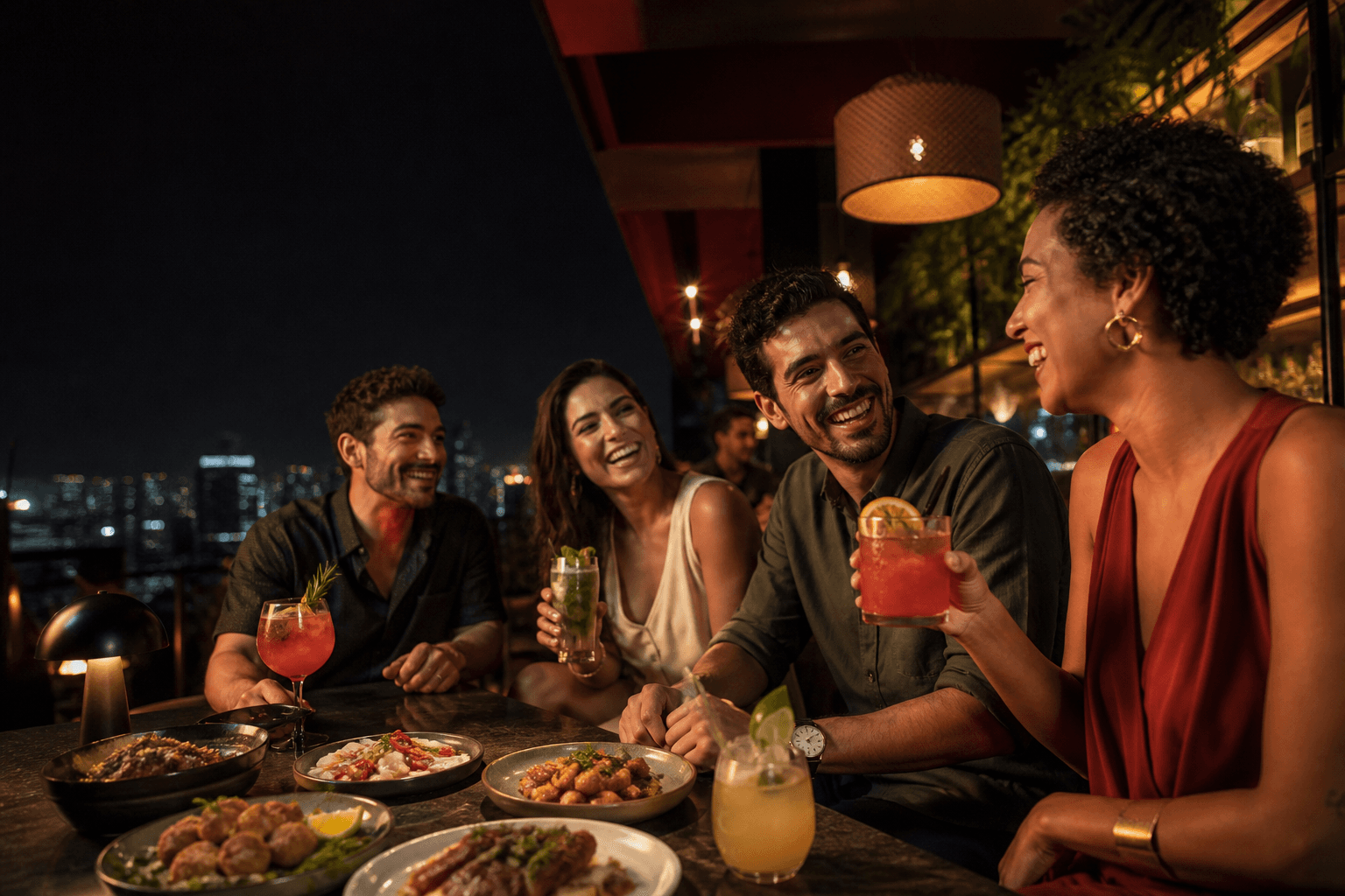Grupo de amigos brindando numa cobertura à noite, com petiscos e drinks na mesa