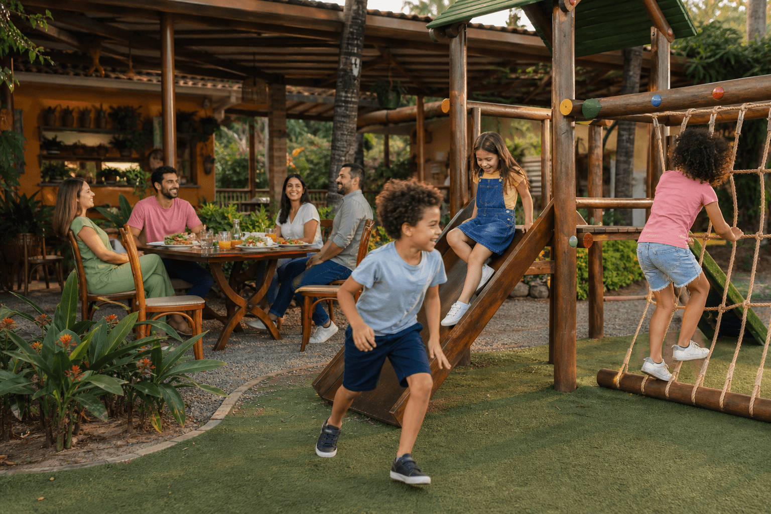 Crianças brincando no playground enquanto os responsáveis conversam à mesa, num restaurante ao ar livre